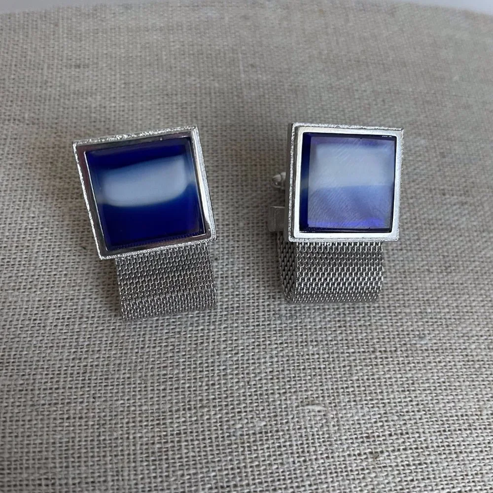 Vintage Dante Square Blue Murano Glass Silver Tone Mesh Wrap Cuff Links Pair